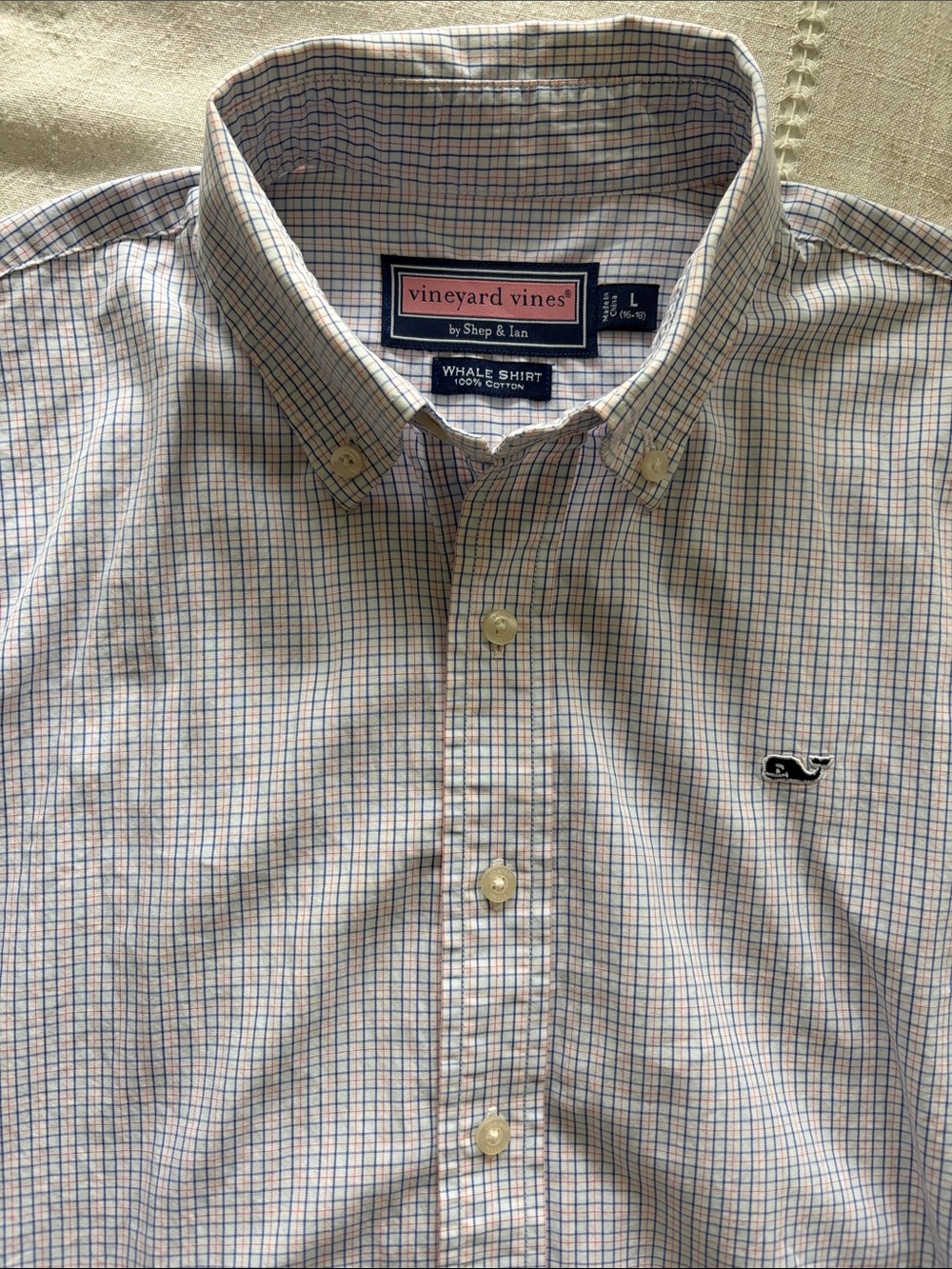 Vineyard Vines Boys red white blue Plaid Whale Oxford Shirt large 16/18